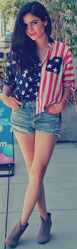 American Flag Blouse + Denim Shorts 