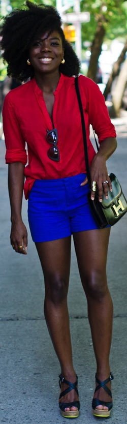 Red Blouse and Blue Shorts