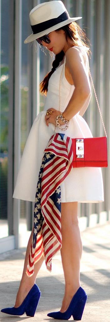 White Dress + Red & Blue Accessories