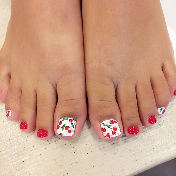 Red & White Cherry Toe Nail Design