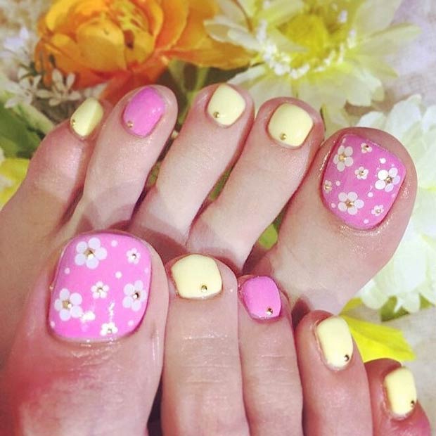 Pink & Yellow Flower Toe Nail Design