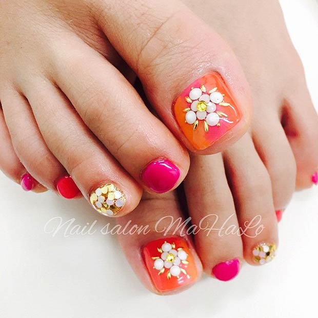 Pink & Orange Toe Nails with Gold Details