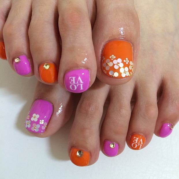 Pink and Orange Toe Nail Design