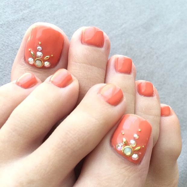 Orange Toe Nails with Rhinestones 