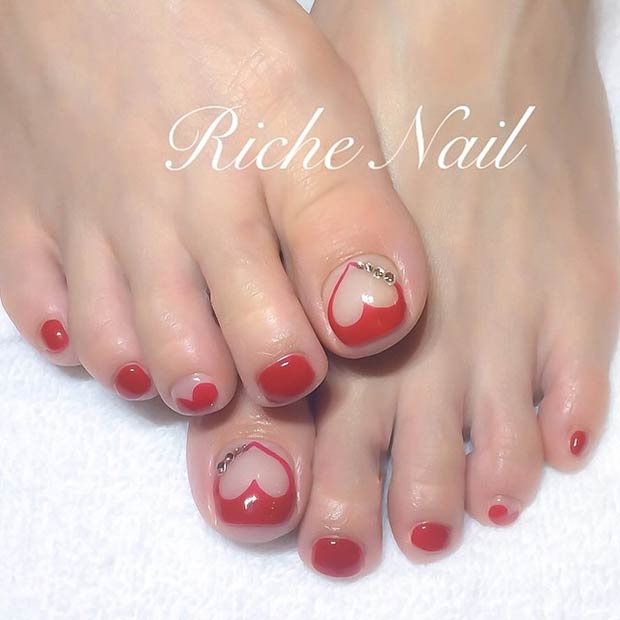 Red Toe Nail Design with Hearts 