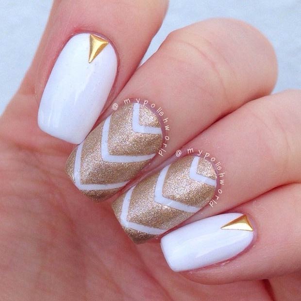 White Nails and Gold Glitter Nails 