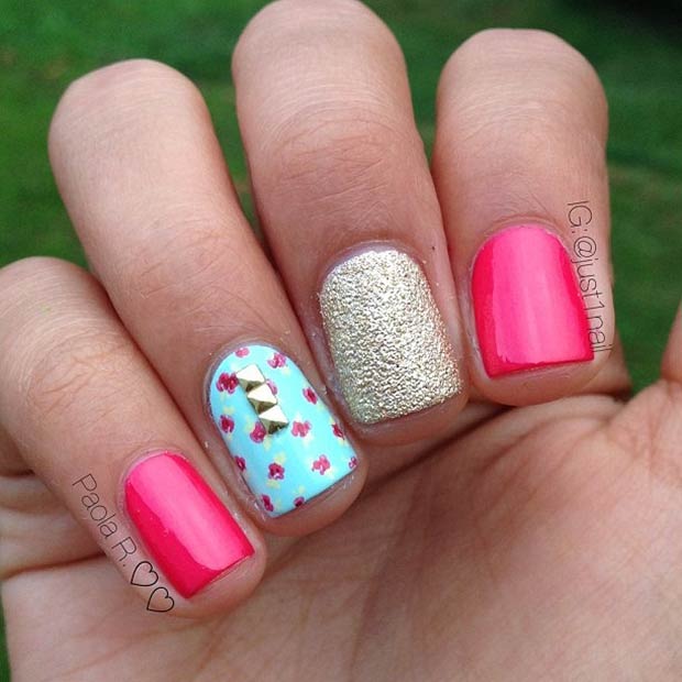 Pink & Gold Nails + Flower Accent Nail