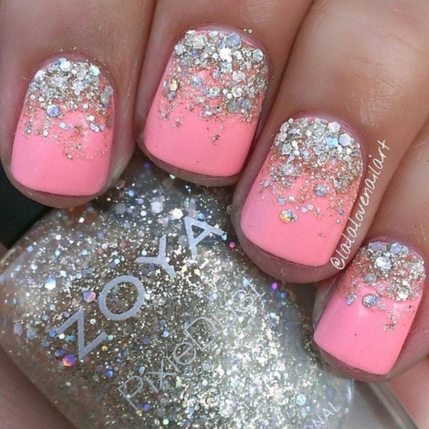 Neon Pink Nails + Silver Glitter