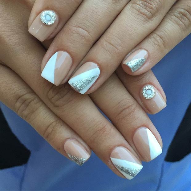 Simple Nude, White and Silver Nail Design