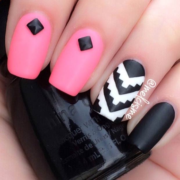 Matte Pink and Black Nails