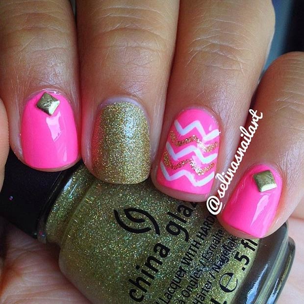 Pink and Gold Glitter Nail Design