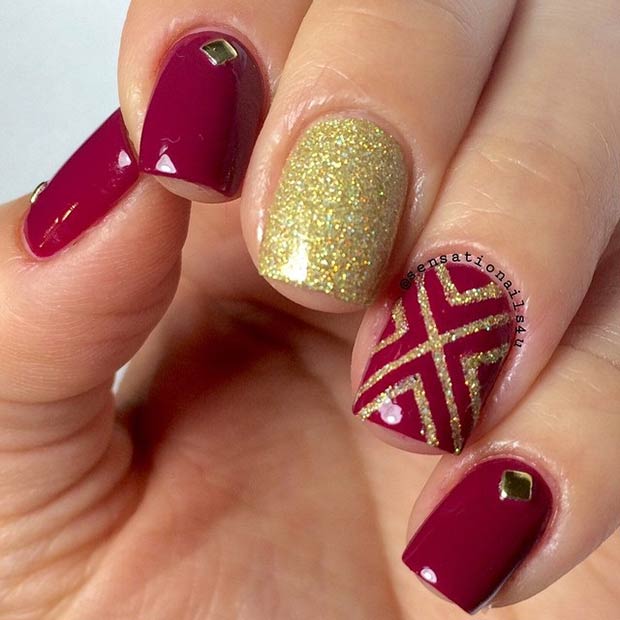 Dark Red Nails with a Pop of Gold