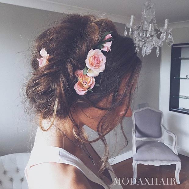 Messy Fishtail Halo Braid with Flowers
