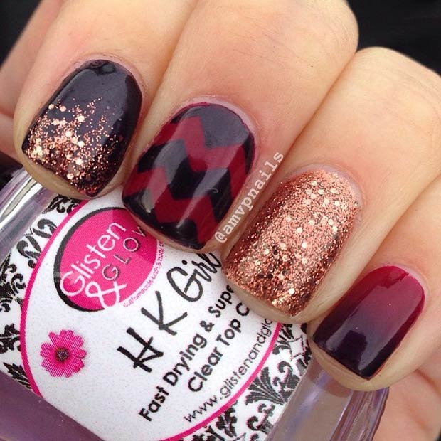 Burgundy and Copper Nail Design