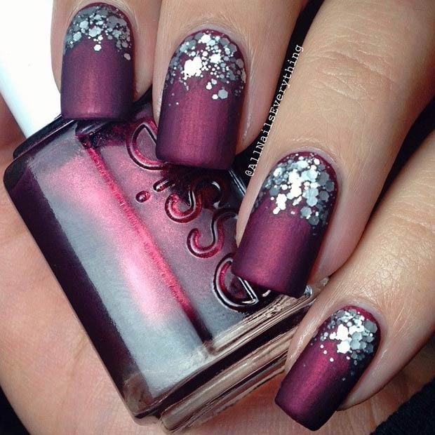 Burgundy Matte Nails with Silver Glitter 