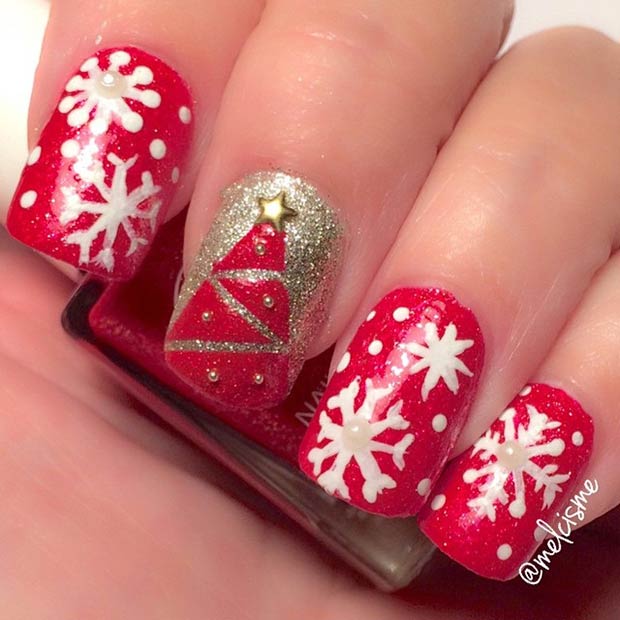 Red and White Snowflake Nails