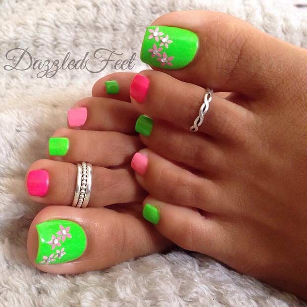 Green and Pink Pedicure Design for Spring and Summer