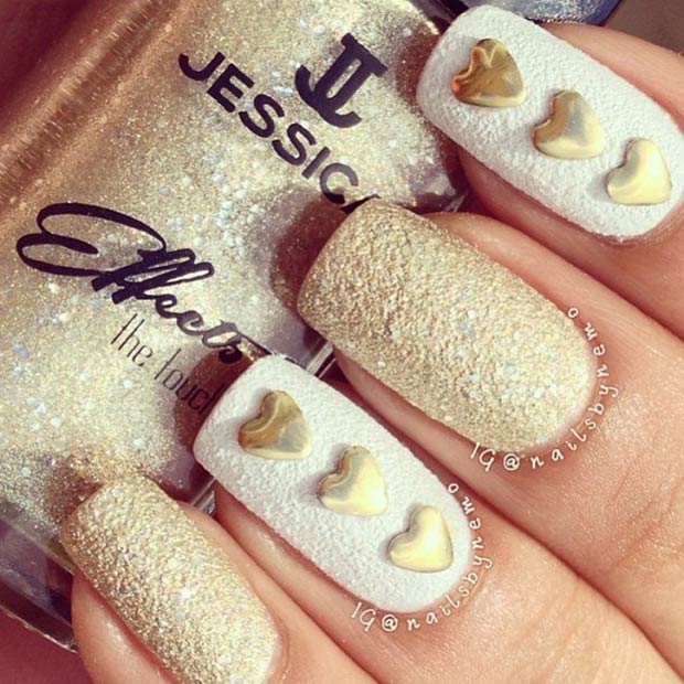 White and Gold Valentines Nails