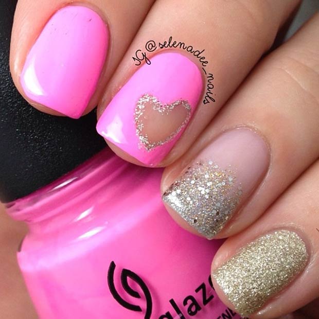 Pink and Gold Glitter Valentines Day Nails