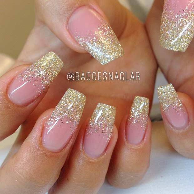 Gold Glitter Ombre Coffin Nail Design