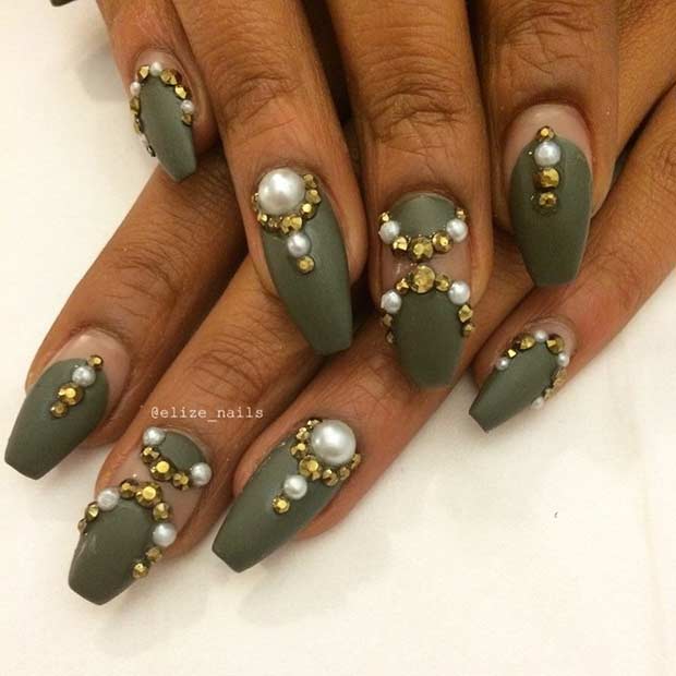Army Green Coffin Nails with Golden Details