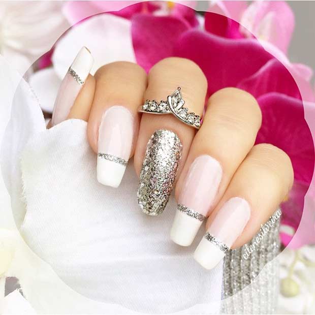 Long White and Silver Glitter French Tip Nails