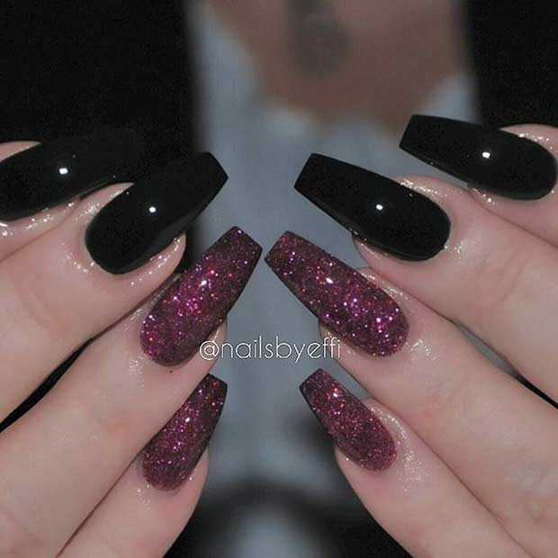 Black and Red Glitter Coffin Nail Design