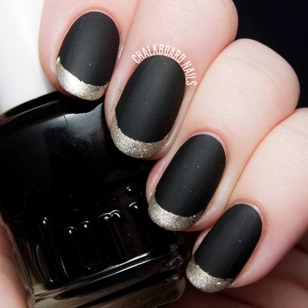 Black Matte Nails with Golden French Tips