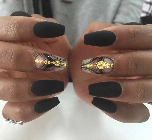 Black Matte Coffin Nails with Gold Details