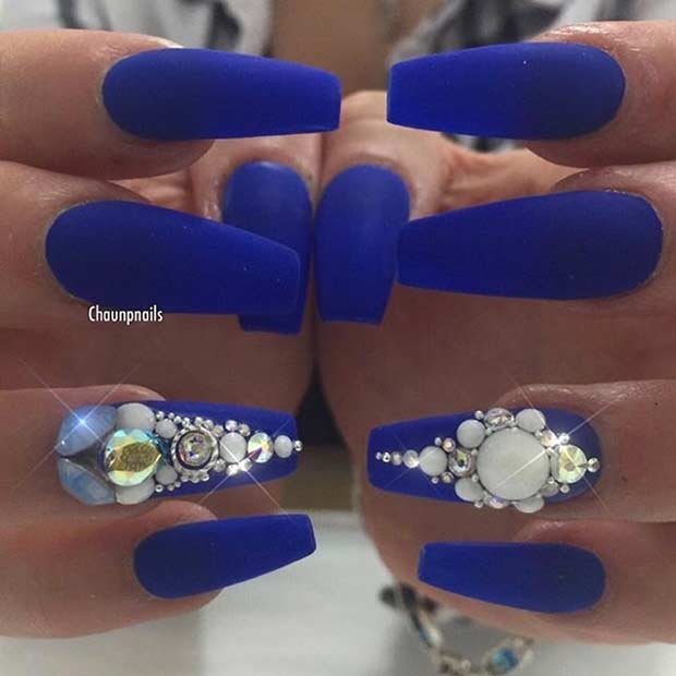 Blue Matte Coffin Nails with Rhinestones
