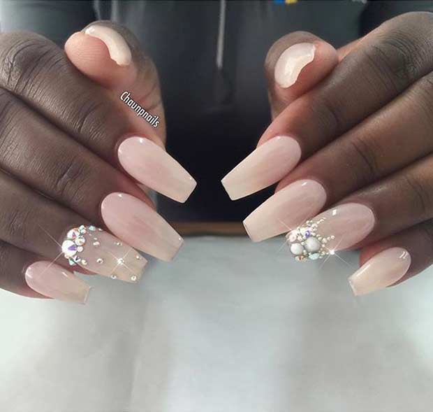 Nude Pink Coffin Nails with Rhinestones