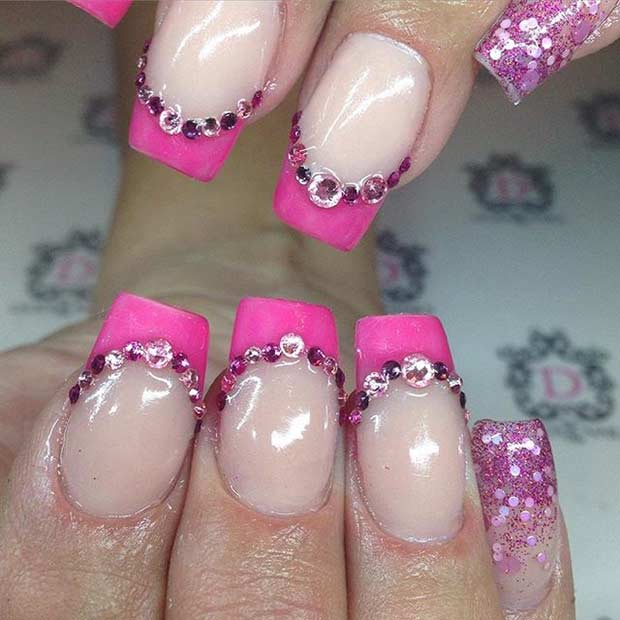 Pink French Tips with Rhinestones