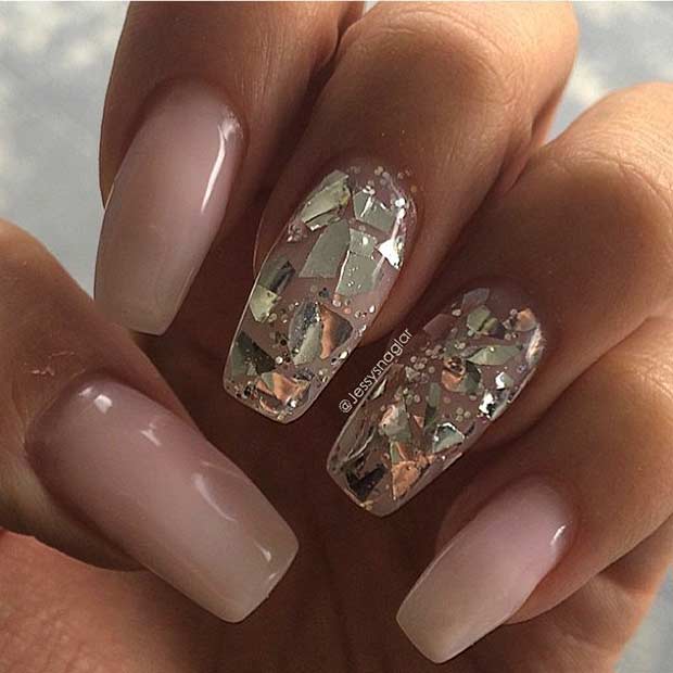 Nude Coffin Nails with Golden Sequins