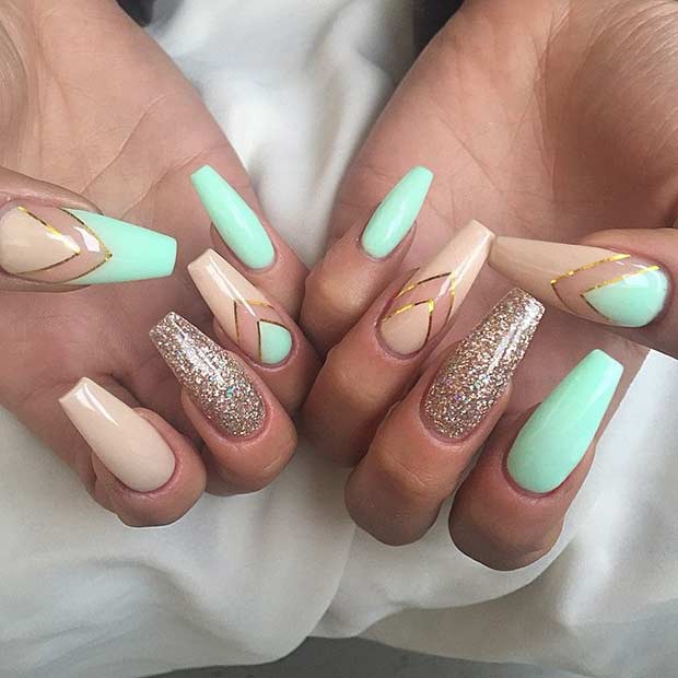 Neutral and Mint Coffin Nail Design