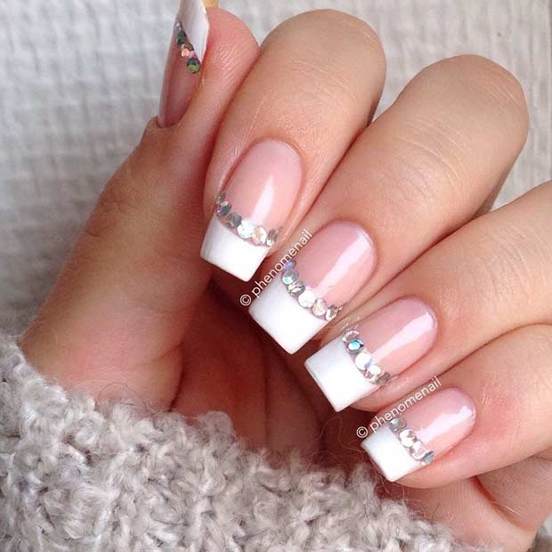 White French Tip Nails with a Pop of Silver