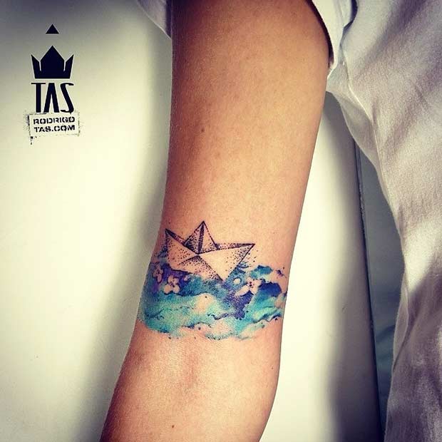 Origami Boat on Water Watercolor Tattoo