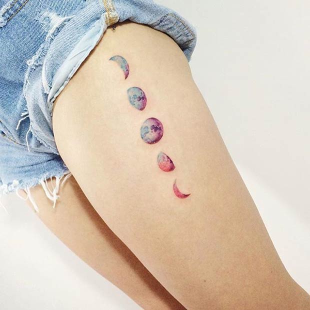 Moon Watercolor Thigh Tattoo