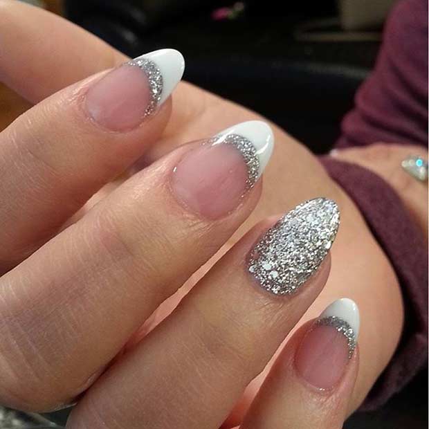 White and Sparkly Silver French Tip Nails