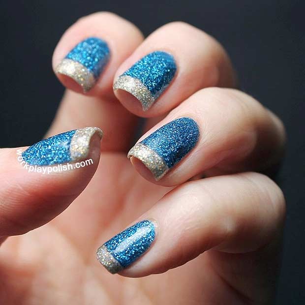 Glittery Blue and Silver French Tip Nail Design
