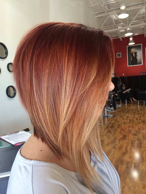 Long Copper Balayage Inverted Bob Hairstyle