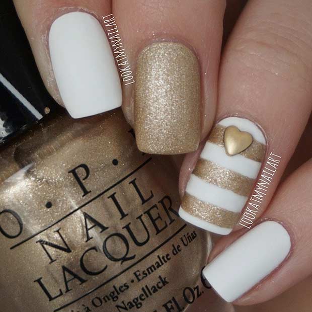 Easy White and Gold Striped Nail Design