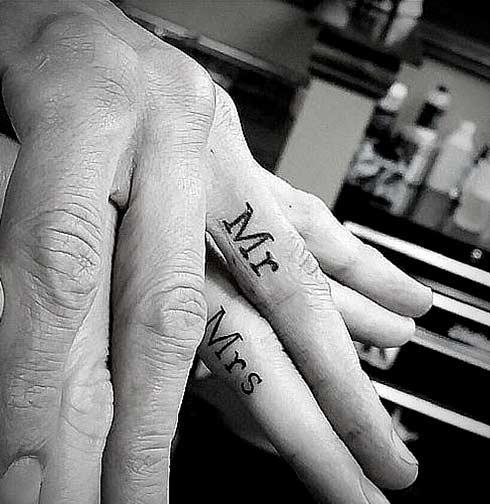 Tiny Mr Mrs Finger Tattoos for Couples