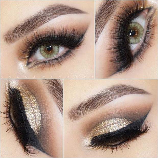 Gold Glitter Cut Crease Eye Makeup Look for Green Eyes