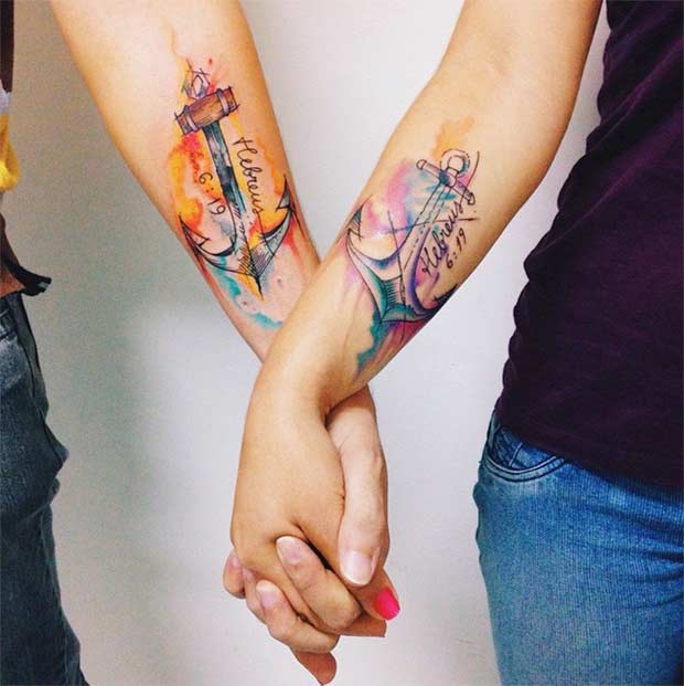 Watercolor Anchor Couple Matching Tattoos