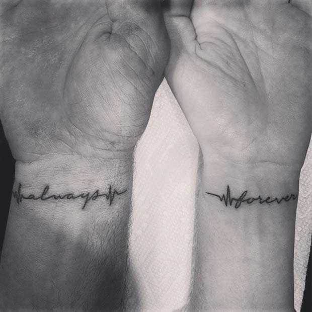 Couple Heartbeat Wrist Tattoos with Words