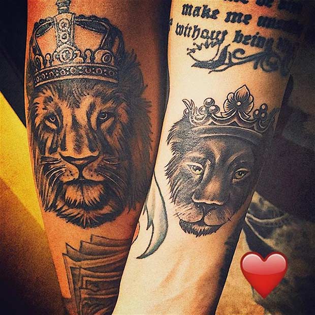 Lion and Lioness Crown Tattoos for Couples
