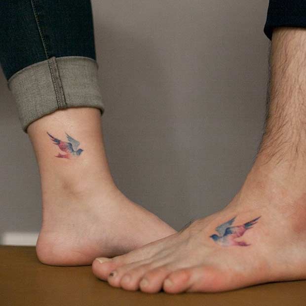 Couple Watercolor Swallow Foot Tattoos