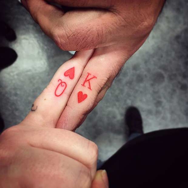 Red King and Queen Finger Tattoos for Couples