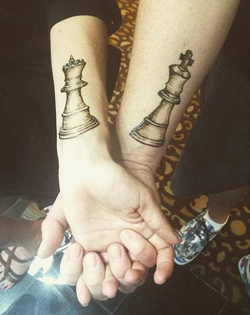 King Queen Chess Pieces Tattoos for Couples