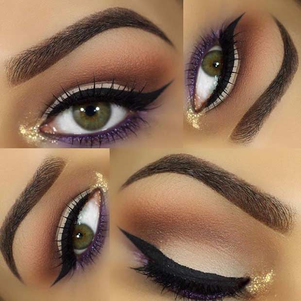 Gold and Purple Eye Makeup Look for Green Eyes